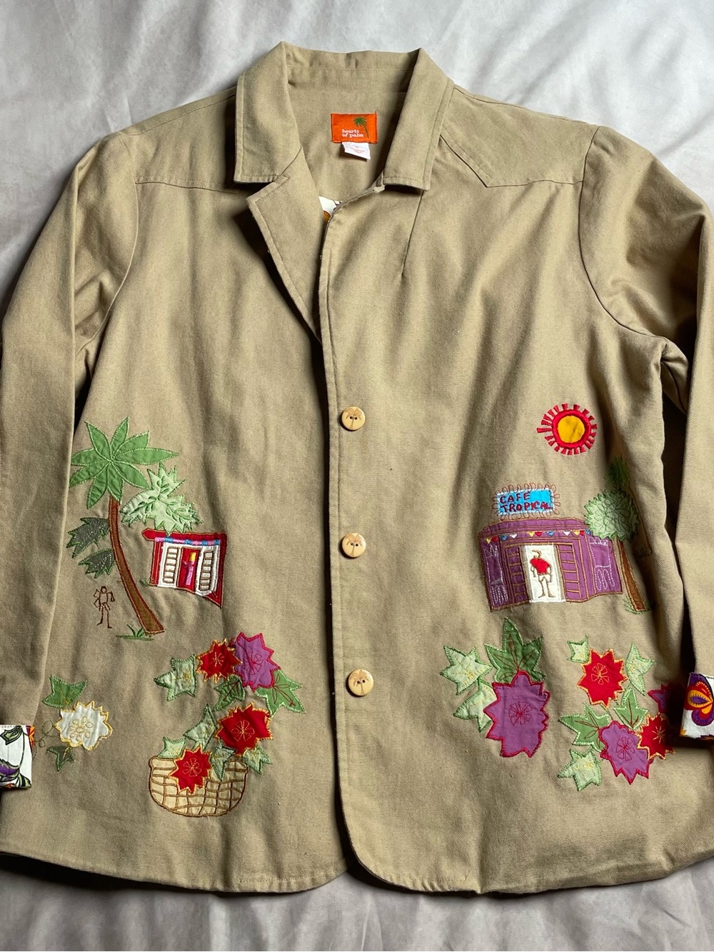 Hearts of Palm Cafe Tropical Embroidered Applique Jacket Size 16 100% Cotton